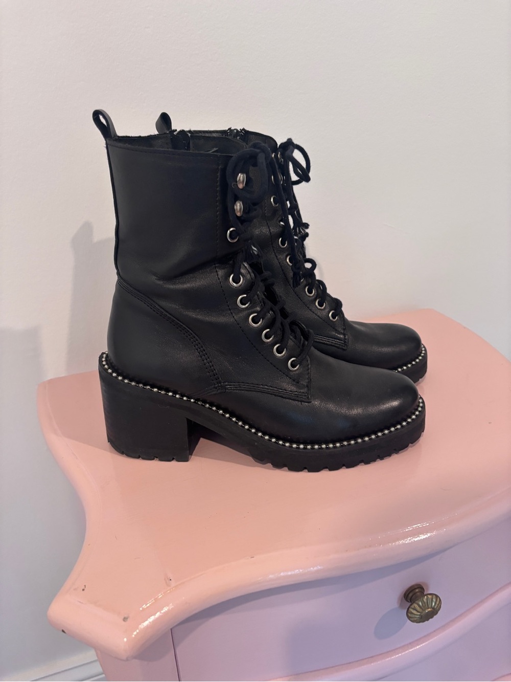 Aqua Black Lace-Up Stud Trim Block Heel Boots